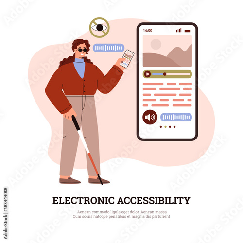 Electronic accessibility for blind and visually impaired people, flat vector.