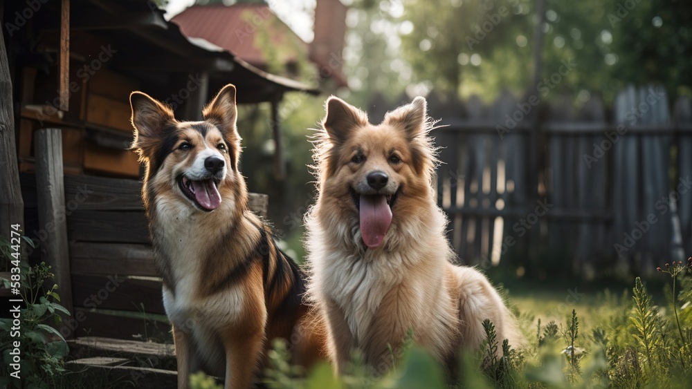 Naklejka premium Happy dog playing in summer backyard