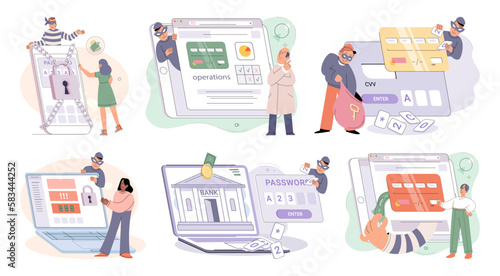 Hacker activity. Hacking computer. Phishing account, steal data, cyber attack. Stealing password. Cyber crime, theft personal information, cyber security spy access. Internet fraud scenes set metaphor