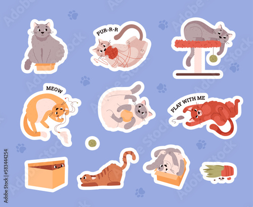 Set of stickers with cute and funny cats playing, cartoon flat vector illustration.