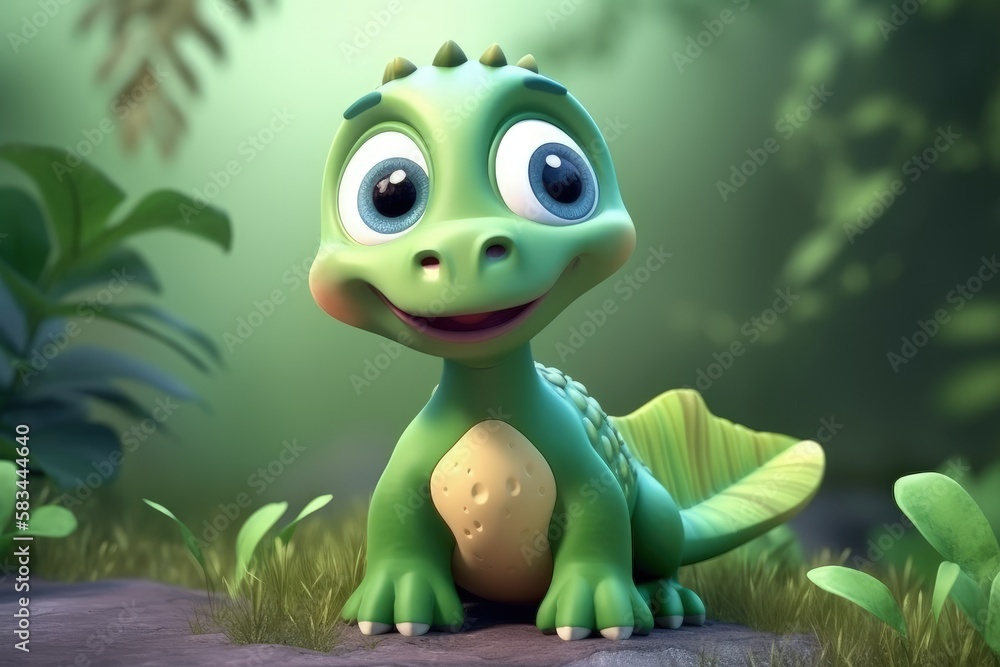 Naklejka premium Playful Baby Dinosaur in Lush Jungle - Generative AI Illustration