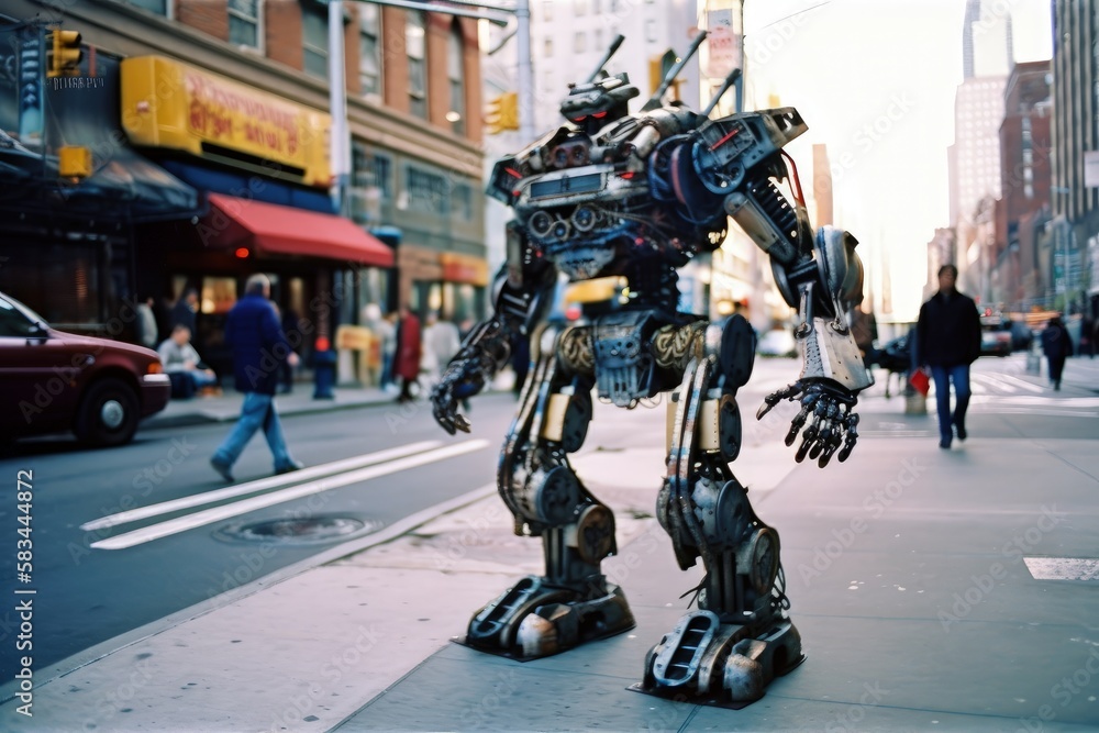 Obraz premium Futuristic Robot Standing Tall in Sunlit Urban Street - Generative AI Illustration