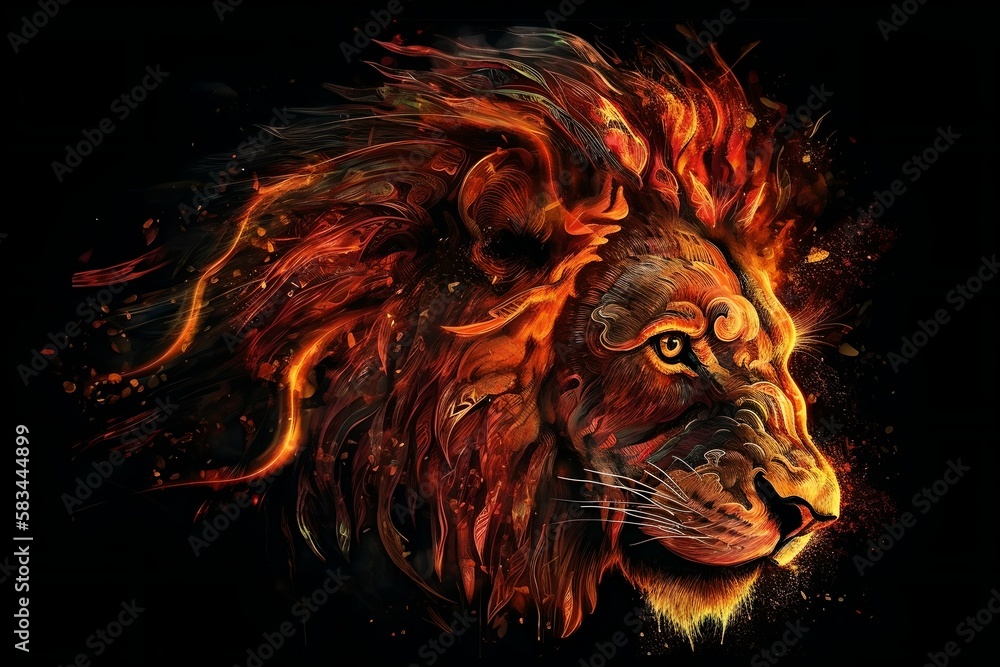 Lion in black background illustration - Generative AI