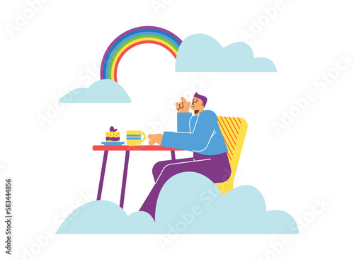 Dreamy man soar in clouds and rainbow during breakfast, flat vector illustration isolated on white background.