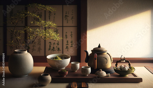Japanese living room tea time tea room on a tatami, shoji screens and nature behind, serene time in the morning - generative ai