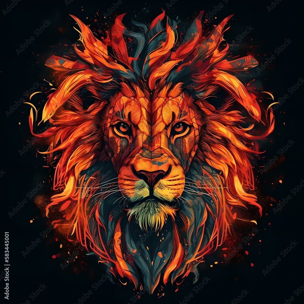 Naklejka premium Lion in black background illustration - poster, merchandise, shirt design - Generative AI