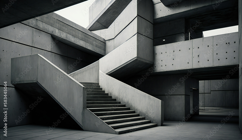 Fototapeta premium Staircase concrete and metal modern brutalist building , knoll style in the midday europe , stark - generative ai 