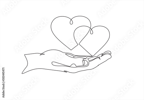 Single continuous line of hand holding hearts on a white background. Black thin line of the hands with  hearts.