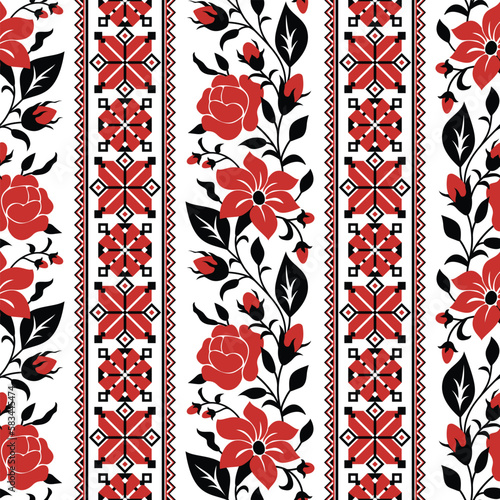Seamless Pattern with Red Rose and Mallow Inspired by Ukrainian Traditional Embroidery. Ethnic Floral Motif, Handmade Craft Art. Ethnic Design. Vertical Oriented Stripes. Vector Illustration