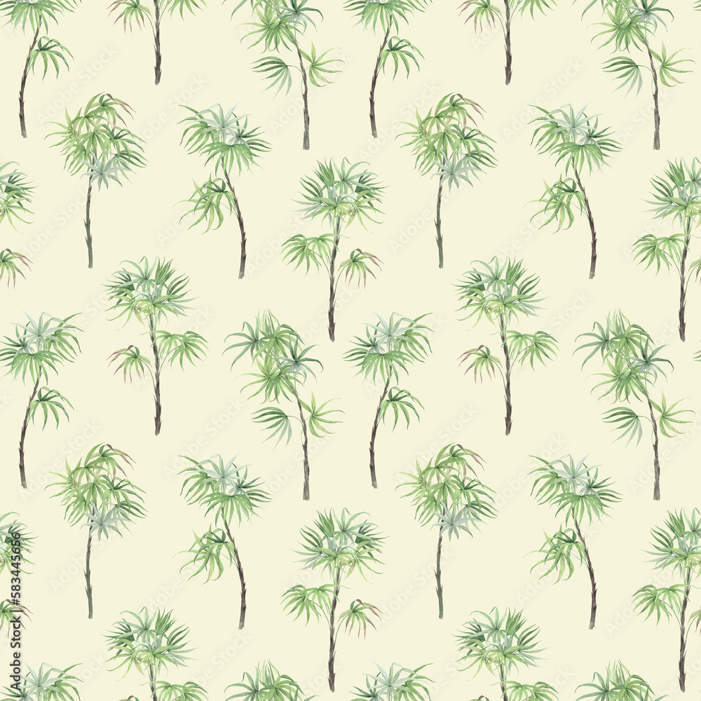 Floral seamless pattern with palms on ivory background, watercolor illustration for textile, wallpapers or tropical print.