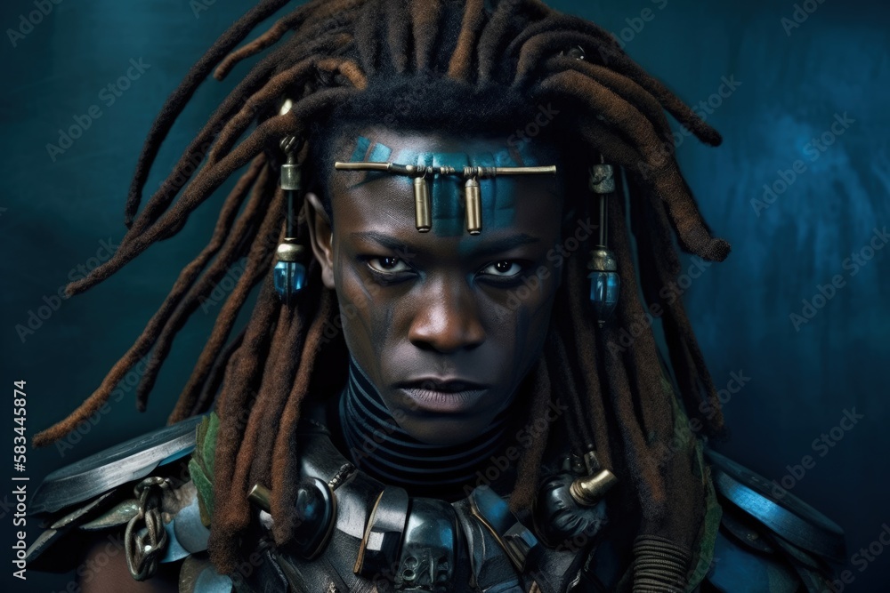 a black Futuristic Cyberpunk Tribal Warrior generative ai illustration 