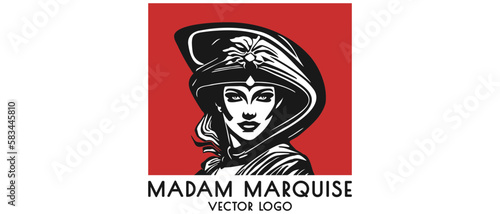 Vector monochrome portrait of a gorgeous madame Marquise in a red rectangle on a white isolated background. Sticker, logo or icon.