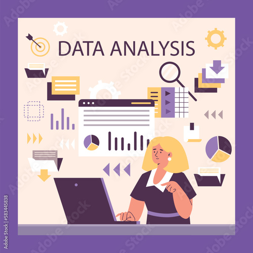 Woman working in data analysis field, poster template - flat vector illustration.