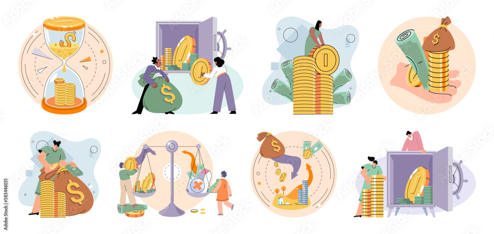 Golden coins pile, magnet and money. Financial literacy metaphor for passive income vector set. Rental activity income, upfront investment, accelerate your financial goals, savings accounts