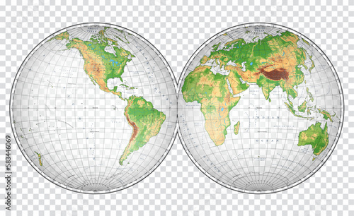 Highly detailed physical World Map in globe shape of Earth. Nicolosi globular projection – 3D.
