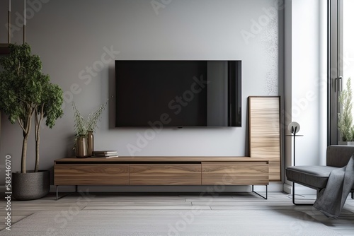 LCD or LED TV screen with a TV tuner mounted on the wall for room interior design. a cozy place to live. Generative AI