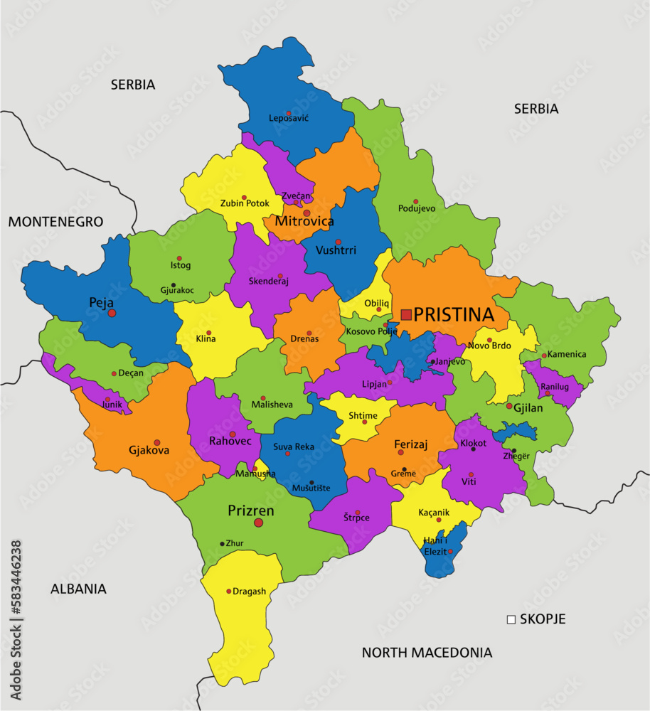 Obraz premium Colorful Kosovo political map with clearly labeled, separated layers. Vector illustration.