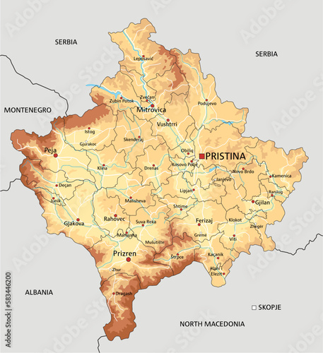 Highly detailed Kosovo physical map with labeling.