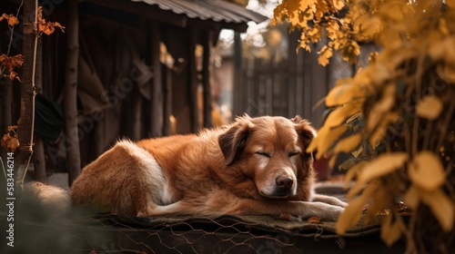 dogs sleep in the fallen leaves in the backyard, dog in autumn