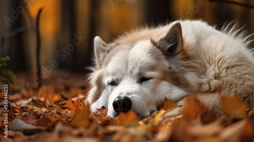 dogs sleep in the fallen leaves in the backyard  dog in autumn