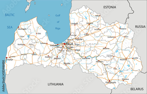 High detailed Latvia road map with labeling.