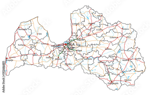 Latvia road and highway map. Vector illustration.