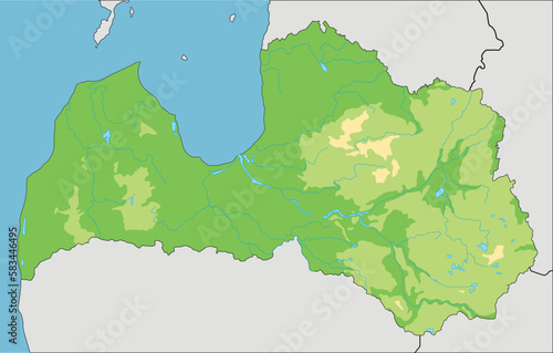 Highly detailed Latvia physical map.