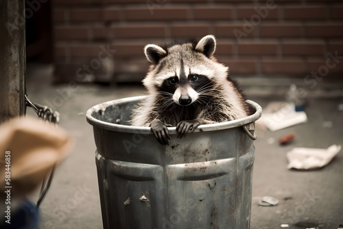 raccoon in the trash bin on the street,  generative AI photo