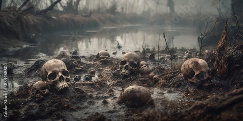 Skeletal remains of fallen warriors of war, human skulls and bones embedded in dirty wet rainfall swamp mud, death and decay, mass grave horror - generative AI photo