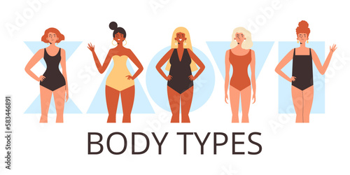 Women body types banner with women of different body shapes flat vector isolated.