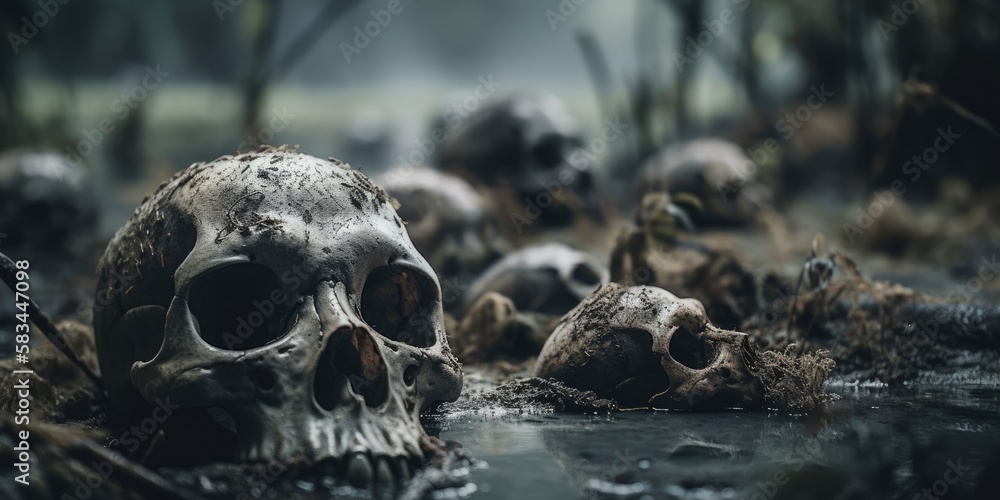 Skeletal remains of fallen warriors of war, human skulls and bones embedded in dirty wet rainfall swamp mud, death and decay, mass grave horror - generative AI Skeletal remains of fallen warriors of war, human skulls and bones embedded in dirty wet rainfall swamp mud, death and decay, mass grave horror - generative AI