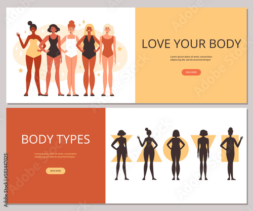 Body types and body positive banners or flyers set flat vector illustration.