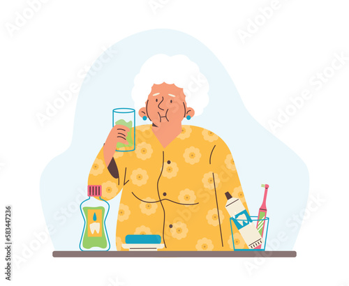 Elderly woman rinsing mouth with special liquid flat style