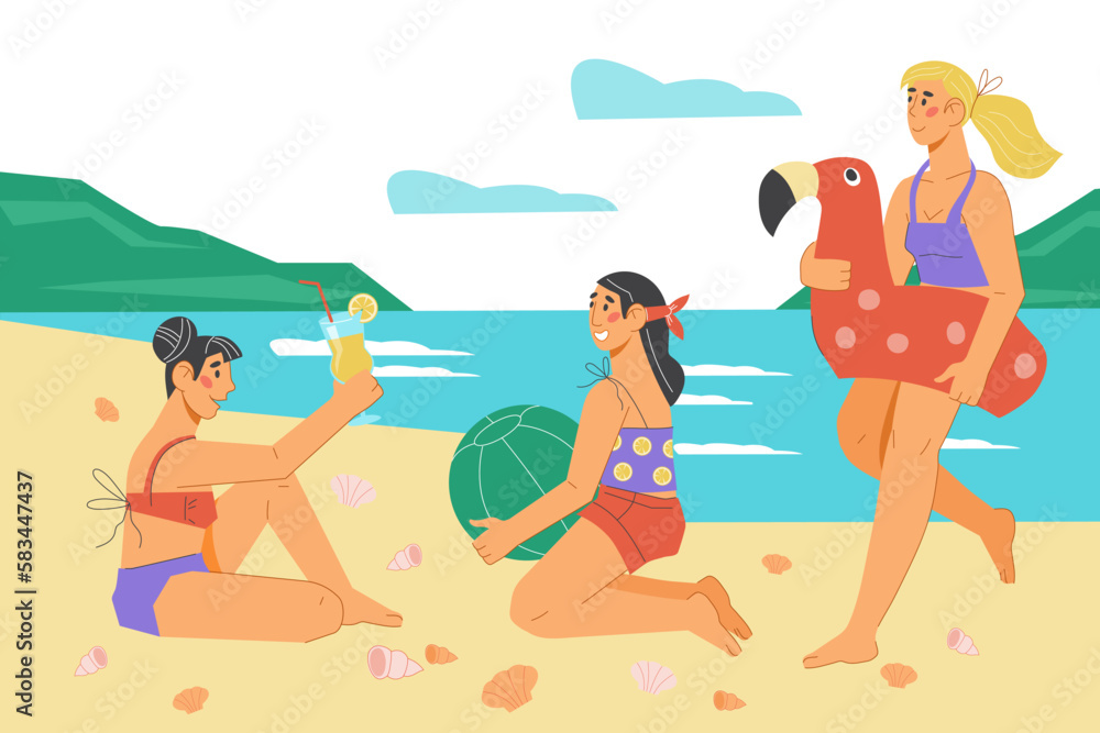 Beautiful women on the beach, flat vector illustration. Summer beach vacation.