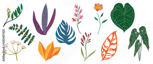 Set of spring colorful flowers. Set of floral branch  topic  jungle leaves  branches  flower  foliage. Isolated on white for greeting cards  Easter  thanksgiving. Spring set  hand drawn elements.