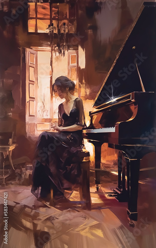 Romantic portrait of a woman playing piano in the ruins of a dark old house Fototapet