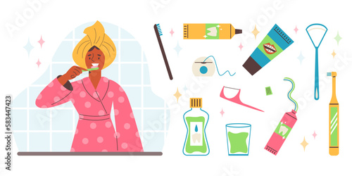 Woman brushing teeth and set of hygiene products and tools, flat vector isolated.