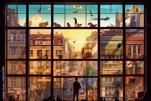 illustration of multilevel city, lots of windows, colorful silhouettes of different people and pets in the windows, intricate details, highly detailed generative ai 