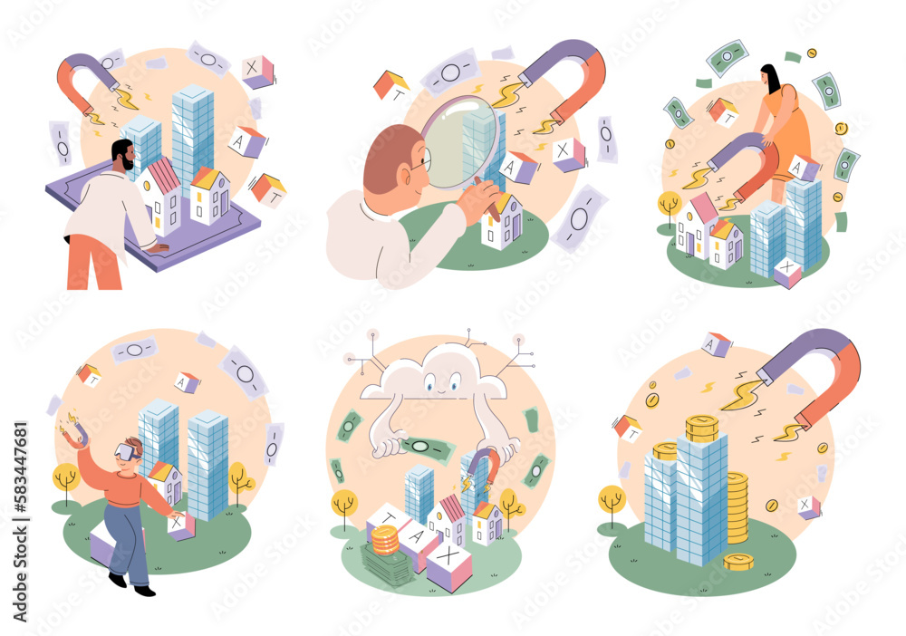 Businessman attracting and saving money with giant magnet. Fast cash loan for entrepreneurs, increasing profits and income. Wealth, business, financial energy concept. Investment attraction vector set Businessman attracting and saving money with giant magnet. Fast cash loan for entrepreneurs, increasing profits and income. Wealth, business, financial energy concept. Investment attraction vector set