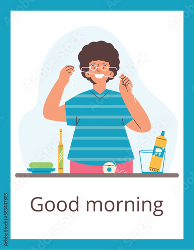 Woman using dental floss, good morning inscription on poster - flat vector illustration.