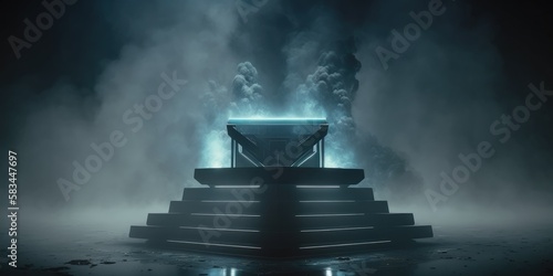 futuristic empty podium stage with Smoke and neon light generative ai sci-fi alien stand platform