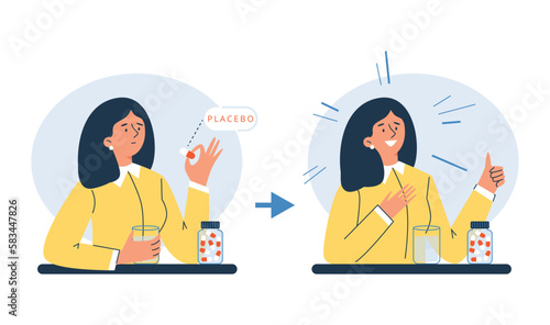 Woman feels good after taking placebo pill, flat vector illustration isolated on white background.