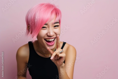 A woman with a pink haircut smiles and laughs. Generative AI