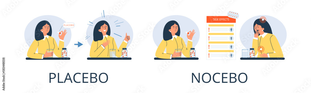 Difference between placebo and nocebo effects, flat vector illustration isolated on white background.