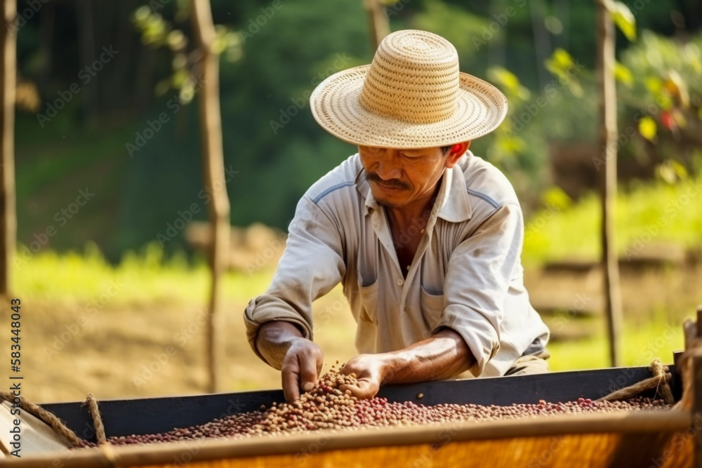 A man wearing a straw hat is handling coffee beans. AI generation - obrazy, fototapety, plakaty 
