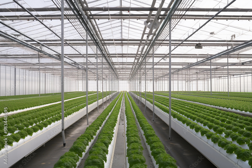 A greenhouse with a row of lettuce growing in it. Generative AI