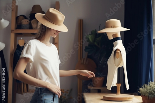 A woman stands in front of a mannequin wearing a shirt that is designer Generative AI photo