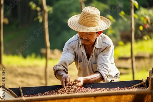 A man wearing a straw hat is handling coffee beans. Generative AI photo