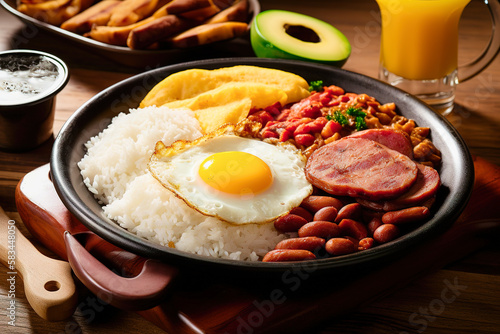 Colombian food. Bandeja paisa, typical dish at the Antioquia region of Colombia - chicharrón (fried pork belly), sausage, arepa, beans, fried plantain, avocado egg, rice. Generative AI.