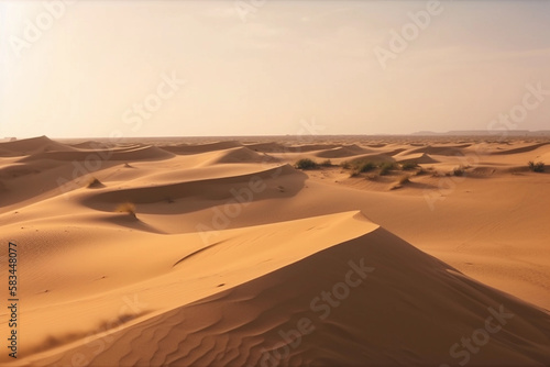 A desert landscape with sand dunes and the sun setting Generative AI